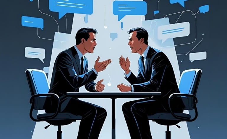 Stylized illustration of two men in suits in a deep discussion, representing a confidential back-channel reference check during a retained executive search process.