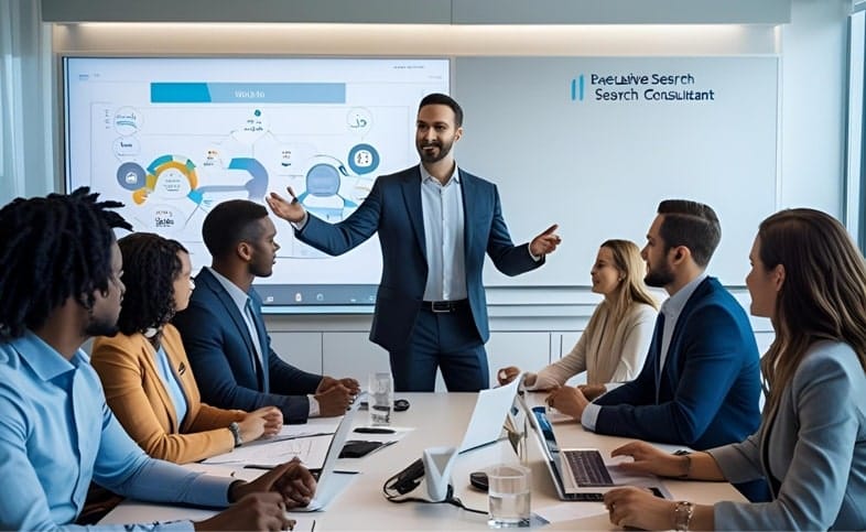 A confident executive search consultant leading a strategy presentation, explaining the retained search process on a large screen to a diverse team of clients in a modern conference room.