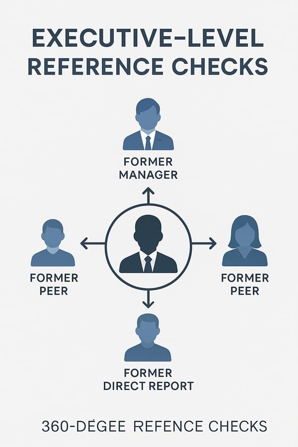 An illustration showing a 360-degree reference check for an executive candidate, with feedback from a former manager, peers, and a direct report.