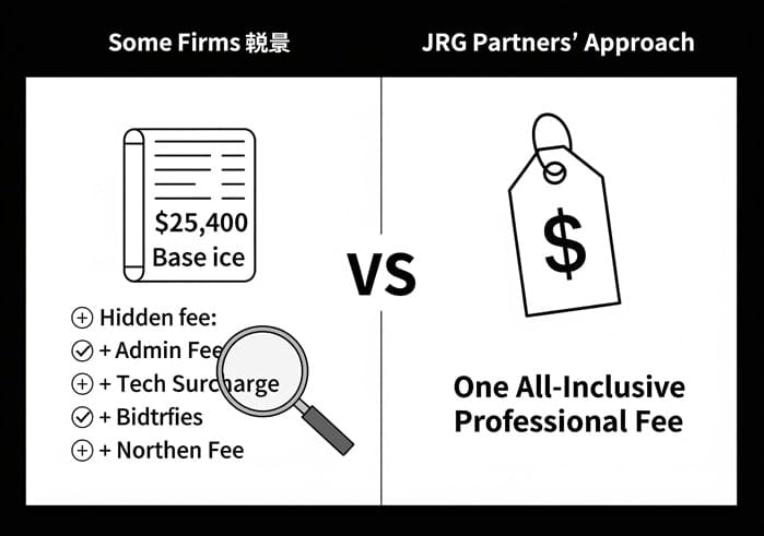 An infographic comparing pricing models, showing how some firms add administrative fees and surcharges, while the JRG Partners approach is a single, all-inclusive professional fee.