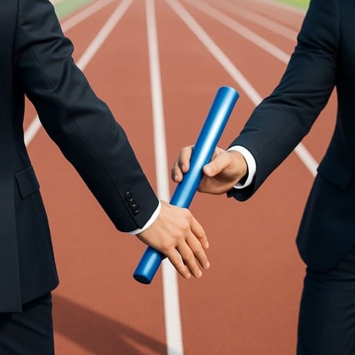 Two business professionals in a relay race passing a baton, symbolizing the collaborative partnership and shared responsibility between a client and a retained search firm.