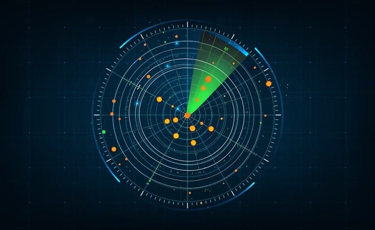 An illustration of a radar screen scanning a market of companies and highlighting a select few, symbolizing the creation of a strategic target list for executive search.