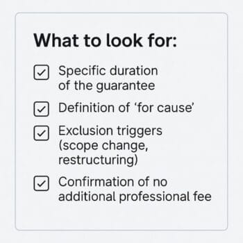 A checklist graphic outlining what to look for in a retained search guarantee clause: specific duration, definition of 'for cause', exclusion triggers, and confirmation of no additional professional fee.