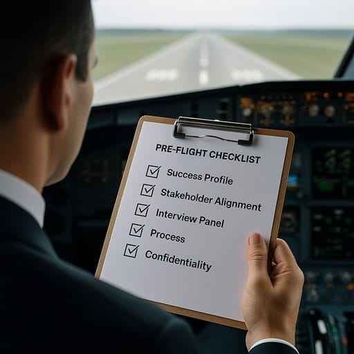 A pilot reviewing a pre-flight checklist in a cockpit, symbolizing a company assessing its hiring process maturity and readiness before beginning a retained search.