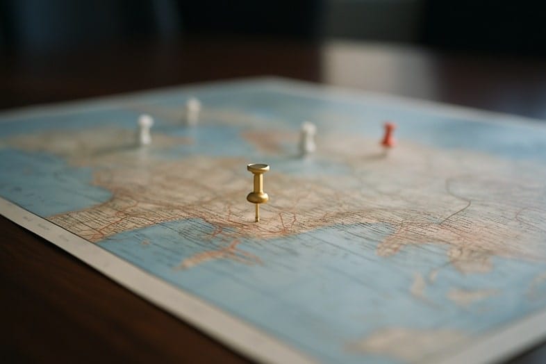 A map with a single, brightly colored pin in sharp focus, symbolizing the process of identifying a mission-critical role that justifies a retained search.