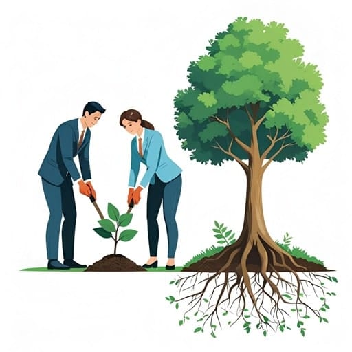 An illustration of a small sapling growing into a large, mature tree, symbolizing the long-term growth and value of a retained search partnership.