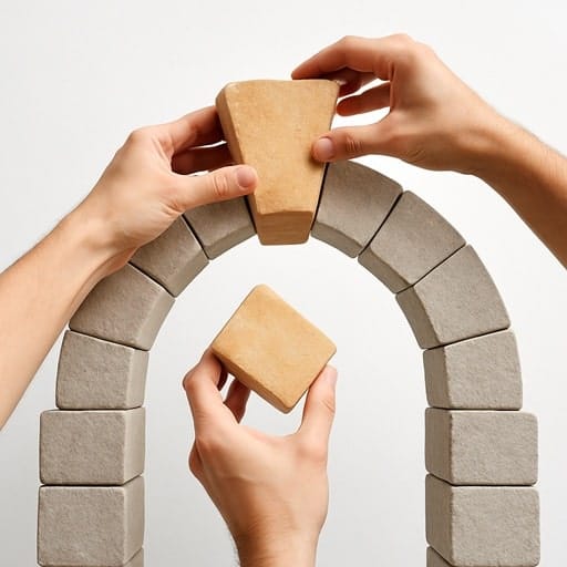 A hand placing a keystone into a stone arch, symbolizing a mission-critical, non-executive role being filled through a retained search.