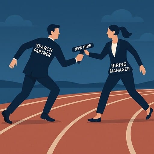 An illustration of a search consultant and a hiring manager in a relay race, smoothly handing off a baton that represents a new executive hire.