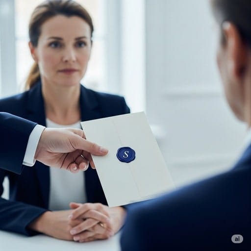 A professional in a suit presenting a formal, cream-colored letter with a blue 'S' wax seal to another person, symbolizing a significant and exclusive invitation.