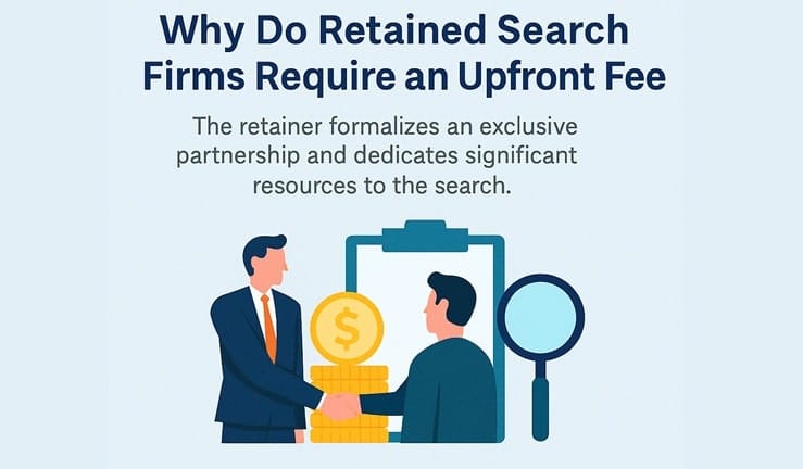 A graphic illustrating why retained search firms require an upfront fee, showing two professionals shaking hands over a stack of gold coins in front of a clipboard and magnifying glass, symbolizing a financial partnership for a dedicated search.