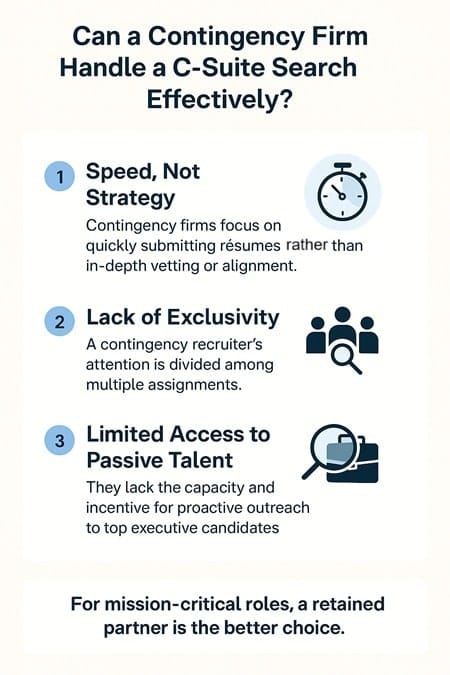 An infographic titled "Can a Contingency Firm Handle a C-Suite Search Effectively?" which lists three key challenges: 1. A focus on speed, not strategy, 2. A lack of exclusivity for the recruiter, and 3. Limited access to passive talent.