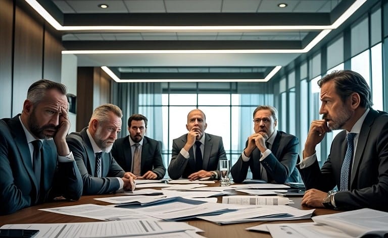 Conceptual image showing a divided board of directors struggling to make a decision during a critical CEO search, illustrating the challenge of navigating board division in CEO succession planning and the need for building consensus among divided board members for a CEO hire.
