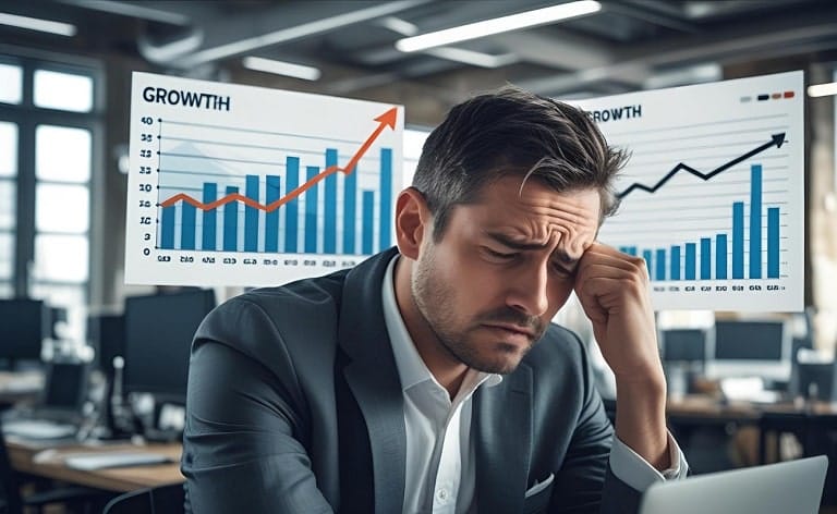 Conceptual image depicting a burned-out startup leader, symbolizing the impact of a 'growth at all costs' mindset causing fatigue and stress within a high-pressure executive team.