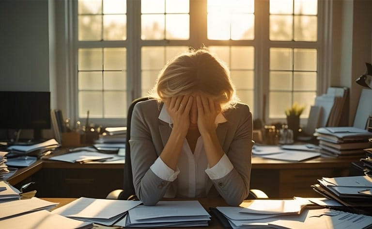 Image of a visibly exhausted or frustrated talent acquisition professional, symbolizing team burnout from a prolonged and failed CMO executive search.
