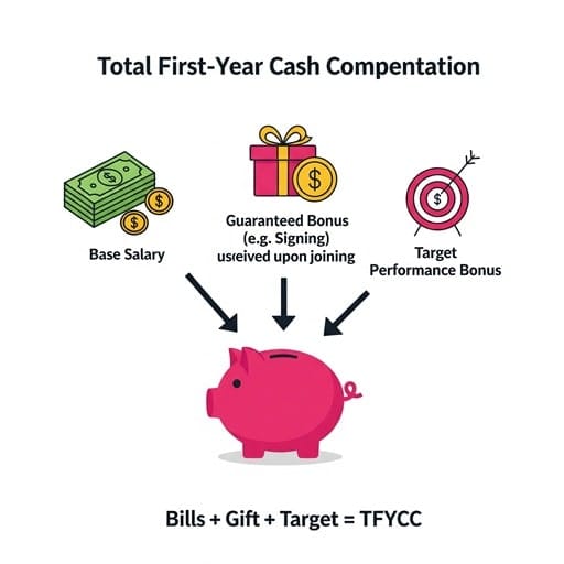 An infographic breaking down Total First-Year Cash Compensation (TFYCC). It shows three components pointing to a piggy bank: a stack of bills for "Base Salary," a gift box for "Guaranteed Bonus," and a target for "Target Performance Bonus."