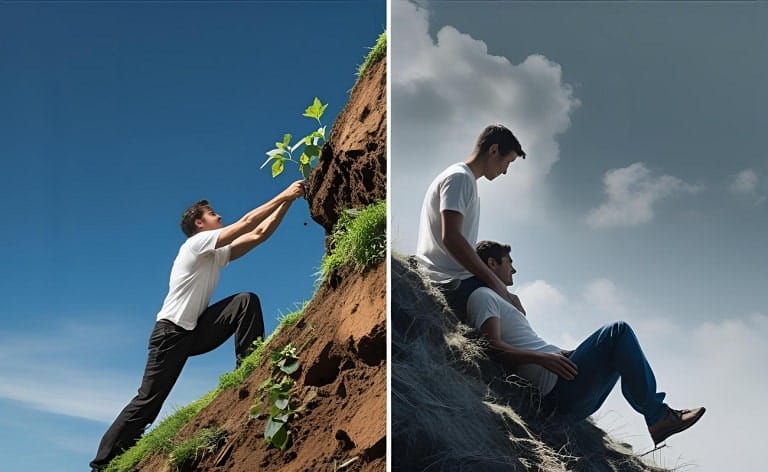 A split image or a side-by-side comparison. On one side, a dynamic figure actively building, growing, or pushing something uphill (creator). On the other, a figure passively observing, maintaining, or sliding downhill (inheritor).