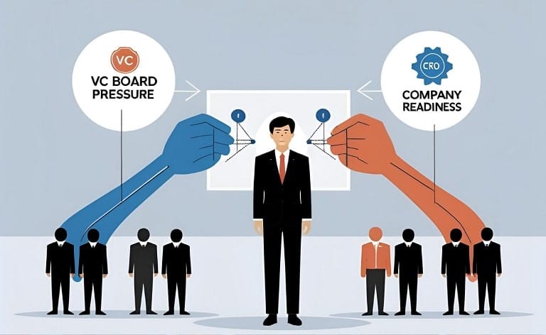 A central figure (CEO) standing between two opposing forces. On one side, a hand or group of figures representing "VC Board Pressure" pushing towards an executive role icon (e.g., a CRO badge). On the other side, elements representing "Company Readiness" (e.g., half-built infrastructure, a basic sales funnel) pulling back or showing a state of incomplete preparation.