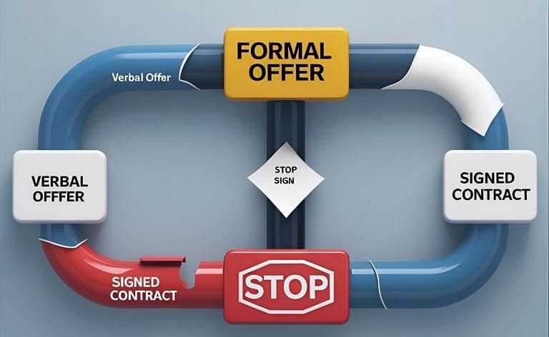 A visual representation of a pipeline or flowchart where a "verbal offer" stage smoothly transitions to a "formal offer" stage, but then a "signed contract" stage has a blockage, a "STOP" sign, or is simply disconnected.