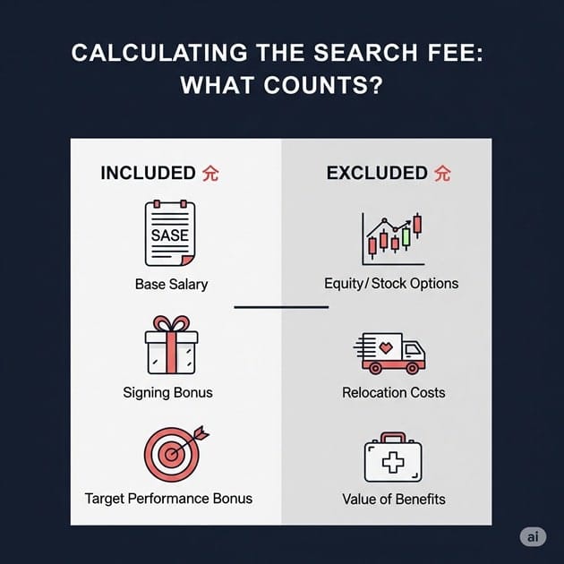 An infographic checklist showing what bonuses are included versus excluded when calculating an executive search fee, including base salary and signing bonus but excluding items like equity and benefits.