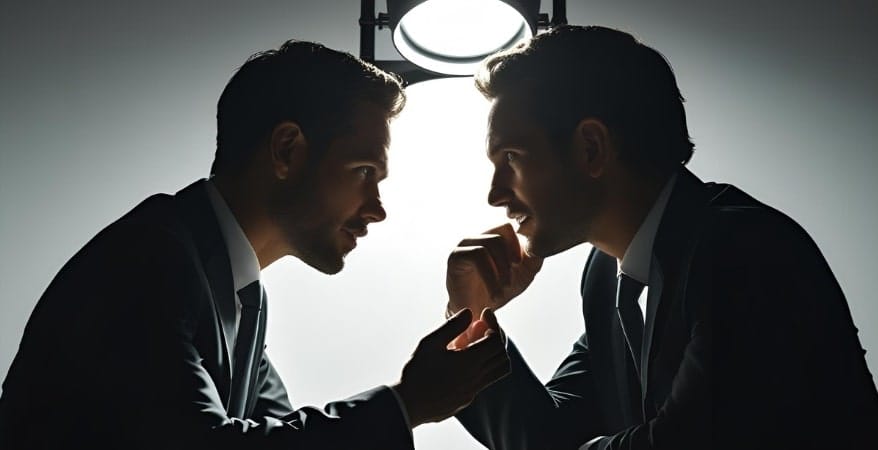 A focused spotlight illuminating two professional silhouettes engaged in a thoughtful conversation, emphasizing the depth of behavioral questions.