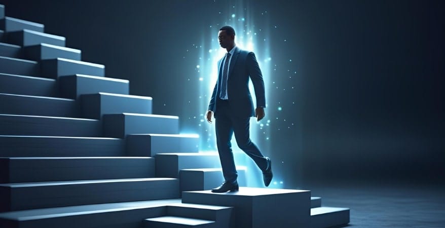 A dynamic image of a professional figure (diverse representation) confidently stepping onto a platform or ascending a metaphorical staircase, with a subtle glow or light emanating from them, symbolizing "rising potential." The background could be slightly blurred to suggest a fast-moving, high-growth environment.