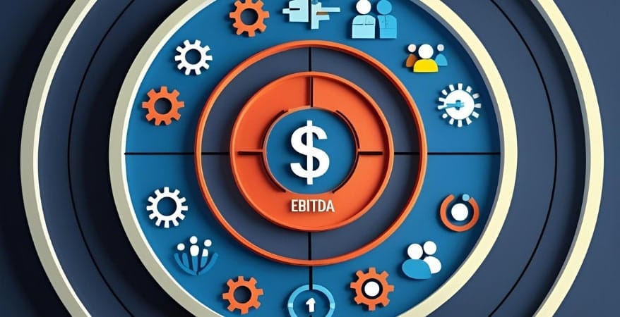 A sleek bullseye target where the innermost ring is clearly labeled "EBITDA" (or a dollar sign), but the subsequent, larger, and more dynamic rings are filled with icons or abstract representations of other critical KPIs (e.g., gears for process, people silhouettes for team, microchips for tech).