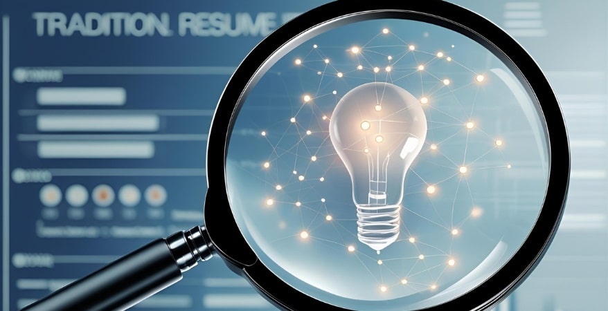 A sleek, modern magnifying glass hovering over a subtle, abstract representation of human qualities or connections (e.g., intertwined lines, soft glowing points), contrasting with a blurred or partially visible traditional resume or data graph in the background. This visually captures "looking beyond" the obvious.