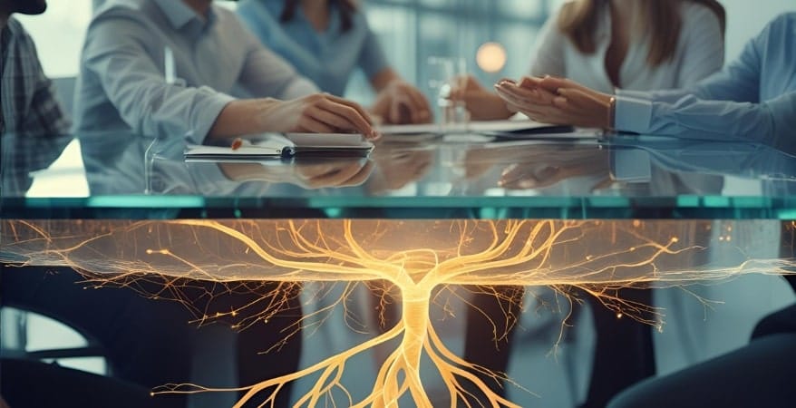A visually engaging image showing the transparent surface of a well-functioning organization (e.g., people collaborating at a table), but with glowing, interconnected lines or a subtle root system visible beneath the surface, representing the invisible cultural infrastructure.