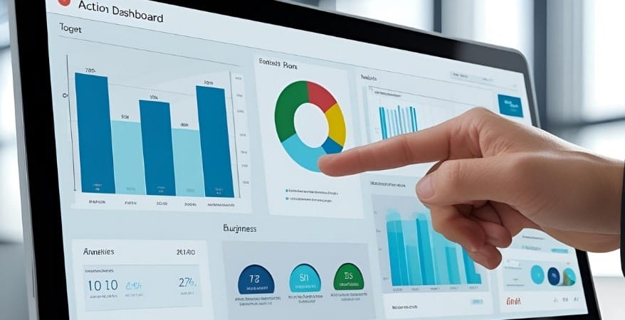 A clean, modern digital dashboard displaying clear, actionable KPIs and analytics, perhaps with a human hand pointing to a key insight.