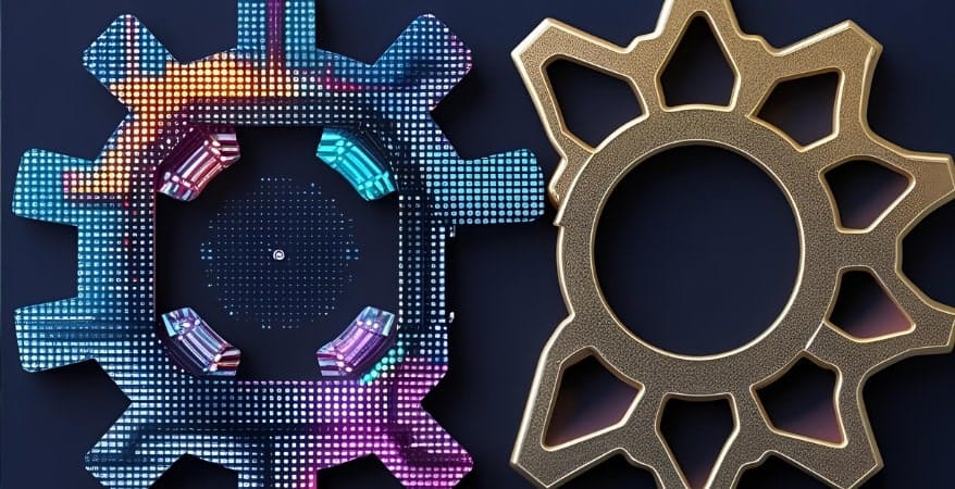 Two distinct gears or abstract shapes that are designed to interlock, but one is clearly "digital" (composed of pixels, light, or data streams) and the other is "physical" (metal, a product outline, a tangible material). They represent the COO role, but highlight their differing operational focus.