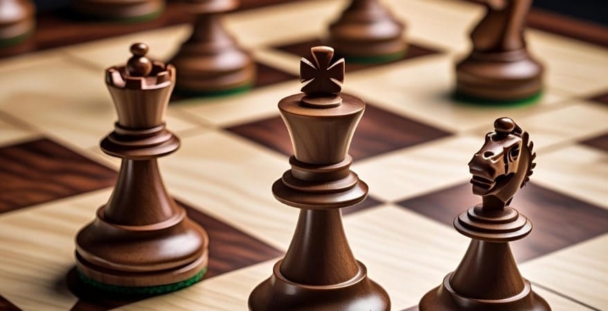 A close-up of a chessboard with two key pieces (e.g., a Rook and a Knight, representing stability vs. agility, or internal vs. external movement) poised, suggesting a strategic decision about their next placement.