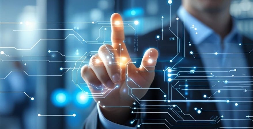 A subtle, glowing overlay of digital circuits or data streams integrated into a corporate environment or a human figure's hand interacting with a screen showing progress.