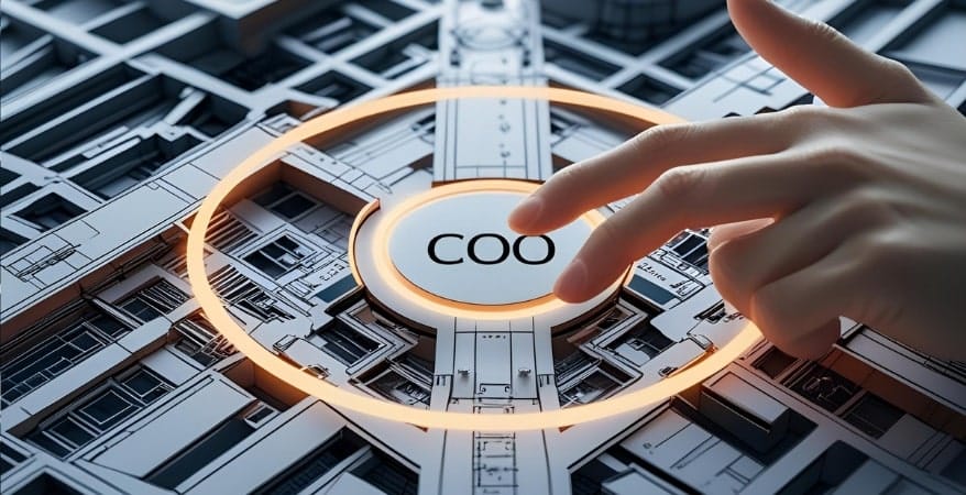 A detailed, intricate architectural blueprint or a complex organizational framework with a distinct, glowing circle or highlight around a central "COO" position. Overlaid on this could be a subtle, transparent hand (representing the board) making a precise, guiding gesture.