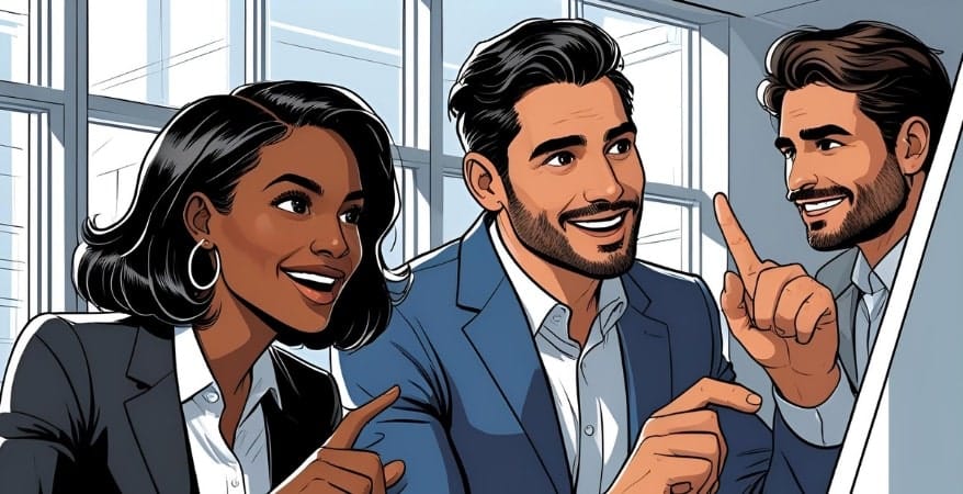 Three professional figures (diverse representation) in a dynamic, synchronized pose, perhaps working together on a whiteboard, shaking hands firmly after a decision, or looking confidently at a shared future point. The key is to convey unity and shared purpose.