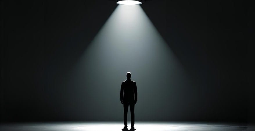 A powerful spotlight shining down on a single, glowing, or distinctly different chess piece, a complex algorithm visualization, or a subtle human silhouette, standing out from a darker, undifferentiated background. This emphasizes "revealing true genius."