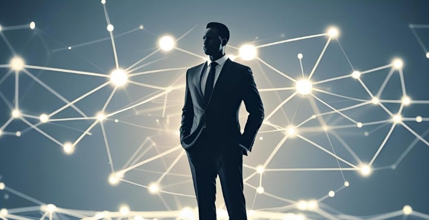A professional, diverse human silhouette (representing the COO) standing confidently amidst a subtle, glowing network of interconnected digital lines, data points, or abstract AI/automation symbols. This conveys the integration of human leadership with advanced technology.