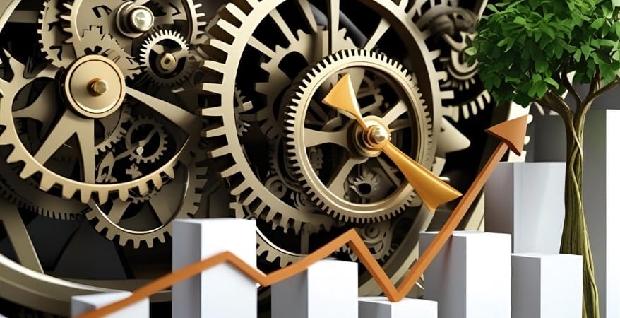 A visually appealing graphic of intricate clockwork gears (representing "ticking clock" and "precision") that are subtly integrated with, or driving, an upward-trending financial graph, a growth arrow, or a growing plant/tree. This combines the time constraint with value creation.
